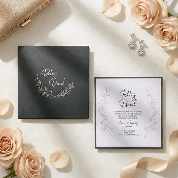 Charcoal Botanical Wreath Square Wedding Invitation