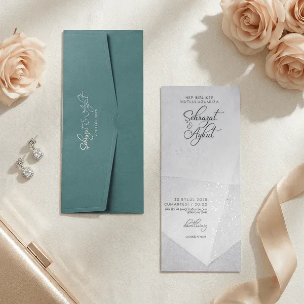 Teal Pocket Script Wedding Invitation