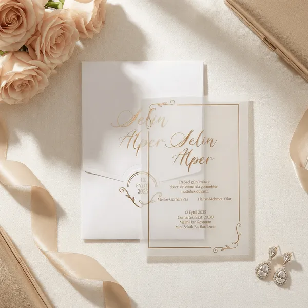 White Gold Ornate Seal Vellum Wedding Invitation