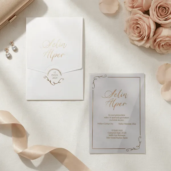 White Gold Ornate Seal Vellum Wedding Invitation