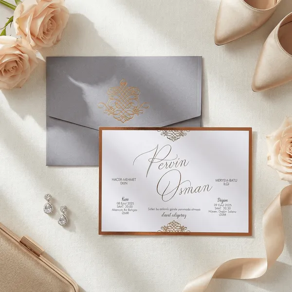 Gray Copper Ornate Emblem Wedding Invitation