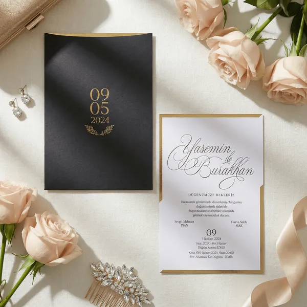 Charcoal Gold Date Laurel Wedding Invitation