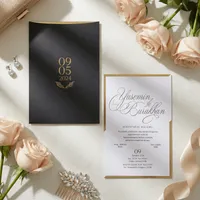 Charcoal Gold Date Laurel Wedding Invitation