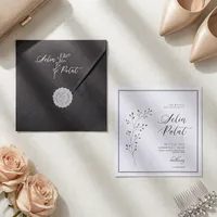 Charcoal White Script Botanical Seal Wedding Invitation