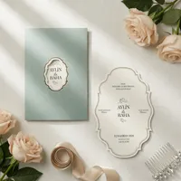 Sage Gold Ornate Die-Cut Shape Wedding Invitation