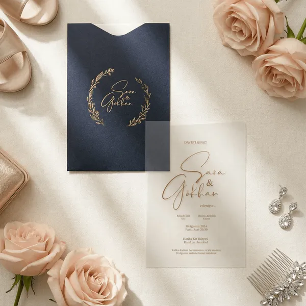 Charcoal Gold Botanical Wreath Vellum Wedding Invitation