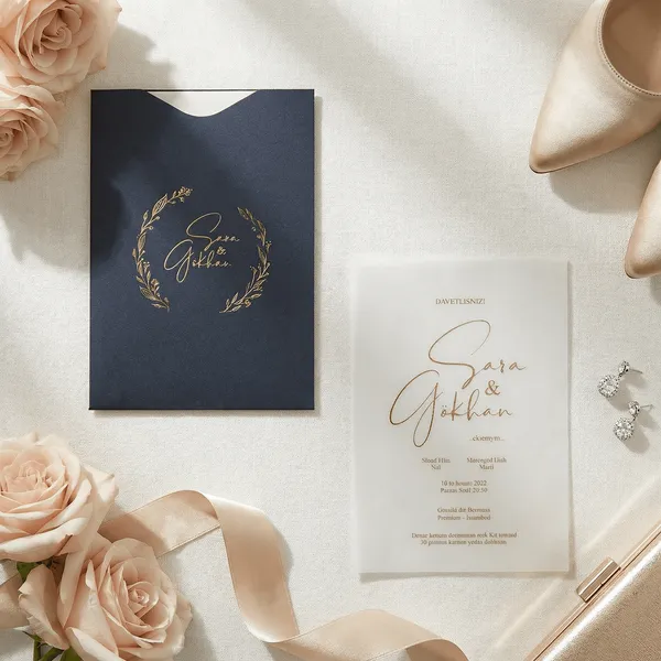 Charcoal Gold Botanical Wreath Vellum Wedding Invitation