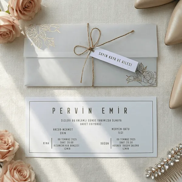 Cream Gold Botanical Twine Tag Wedding Invitation