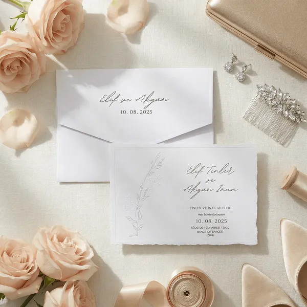 White Embossed Botanical Scalloped Edge Wedding Invitation