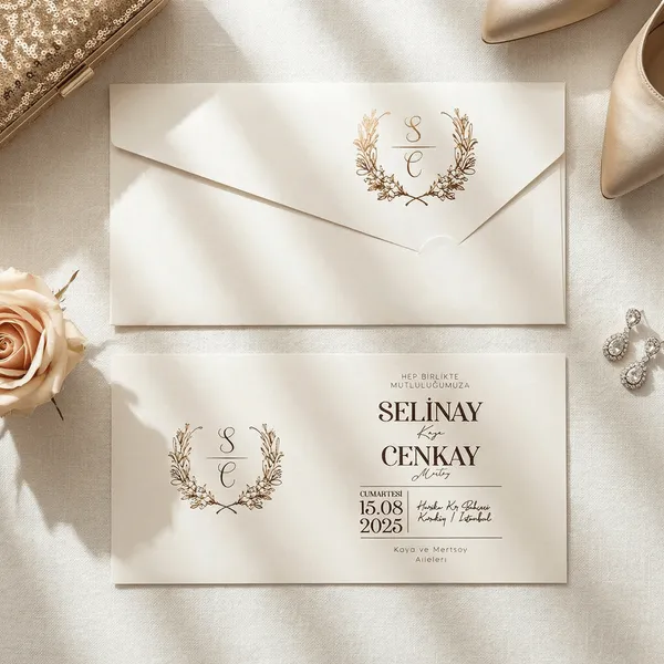 White Gold Wheat Wreath Monogram Wedding Invitation