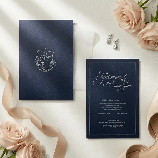 Navy White Floral Shield Crest Wedding Invitation