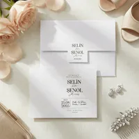 White Square Label Embossed Botanical Wedding Invitation