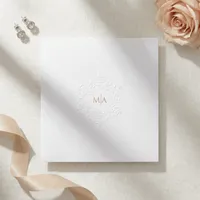 White Gold Embossed Floral Wreath Monogram Wedding Invitation