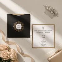 Charcoal Gold Ornate Circular Frame Wedding Invitation