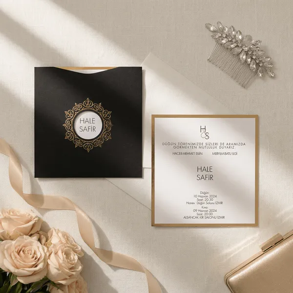 Charcoal Gold Ornate Circular Frame Wedding Invitation