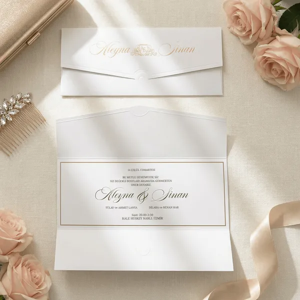 White Gold Script Ornate Divider Tri-Fold Wedding Invitation