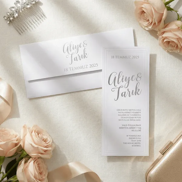 White Embossed Script Layered Frame Wedding Invitation