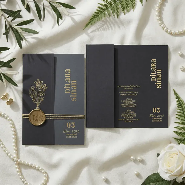 Charcoal Pocketfold Wedding Invitation with Wax Seal