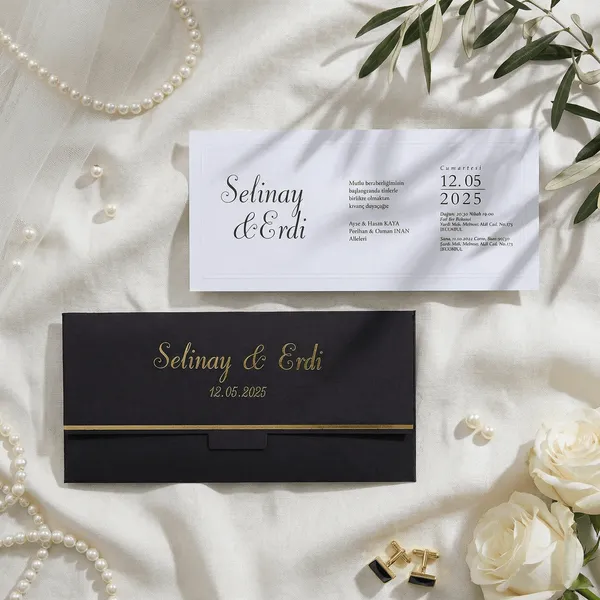 Modern Long Wedding Invitation with Gold-Accent Envelope