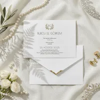 Botanical Wreath Wedding Invitation with Gold Chevron