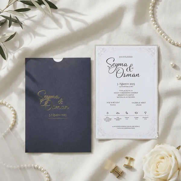 Navy Box Wedding Invitation with Timeline Icons