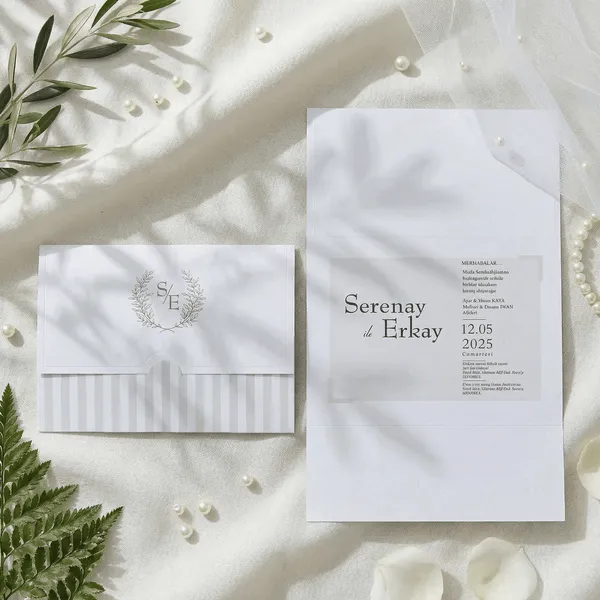 Striped Envelope Wedding Invitation with Laurel Wreath