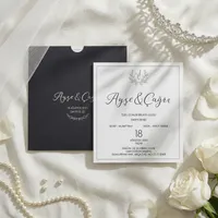 White and Black Wedding Invitation with Laurel Monogram