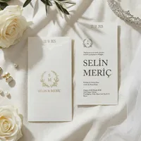 Gold Laurel Wreath Monogram Wedding Invitation