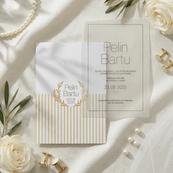 Vellum Overlay Wedding Invitation with Gold Stripes
