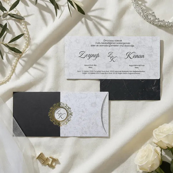 Charcoal Envelope Wedding Invitation with Floral Pattern