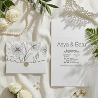 Scalloped Edge Wedding Invitation with Botanical Line Art