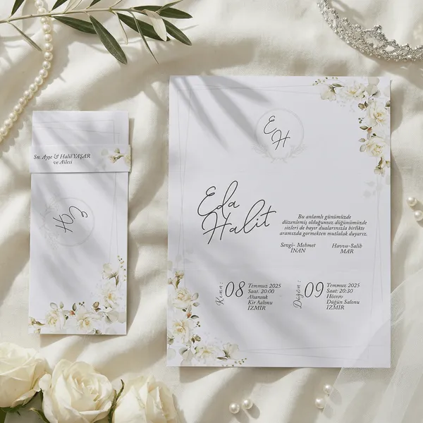 Script Monogram Wedding Invitation with Beige Blossoms