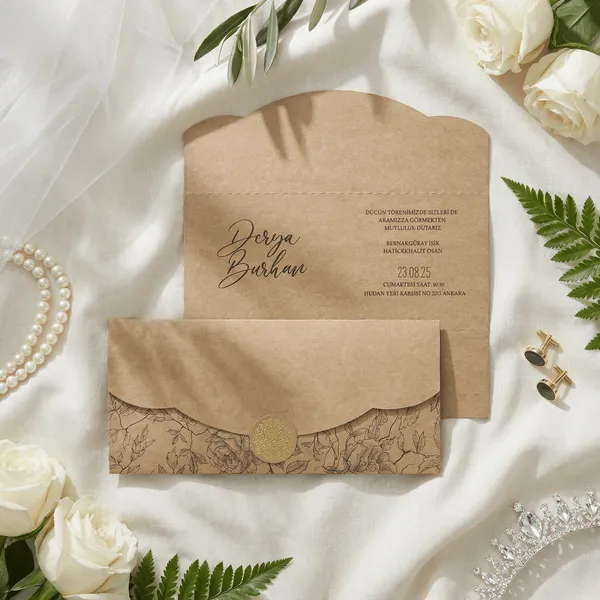 Kraft Paper Wedding Invitation with Floral Line Art Border