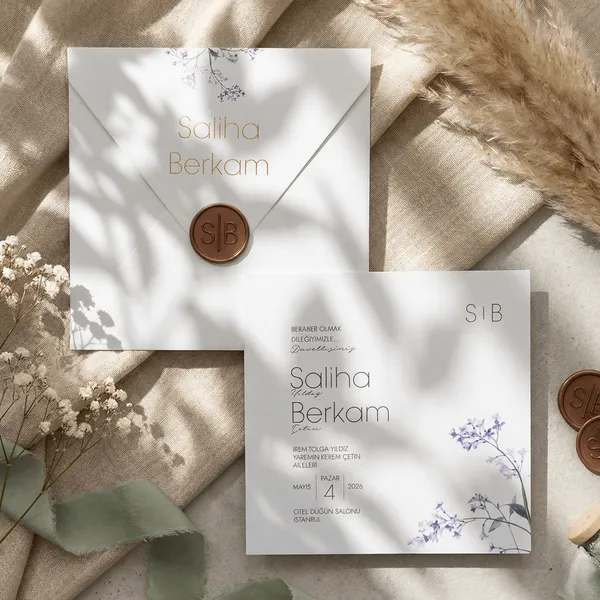 Purple Floral Wedding Invitation with Wax Seal