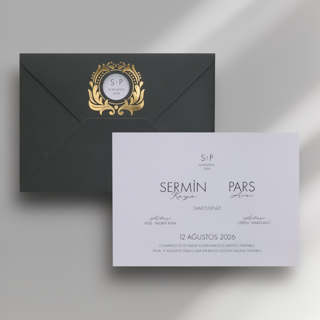 Gold Wreath Black Wedding Invitation