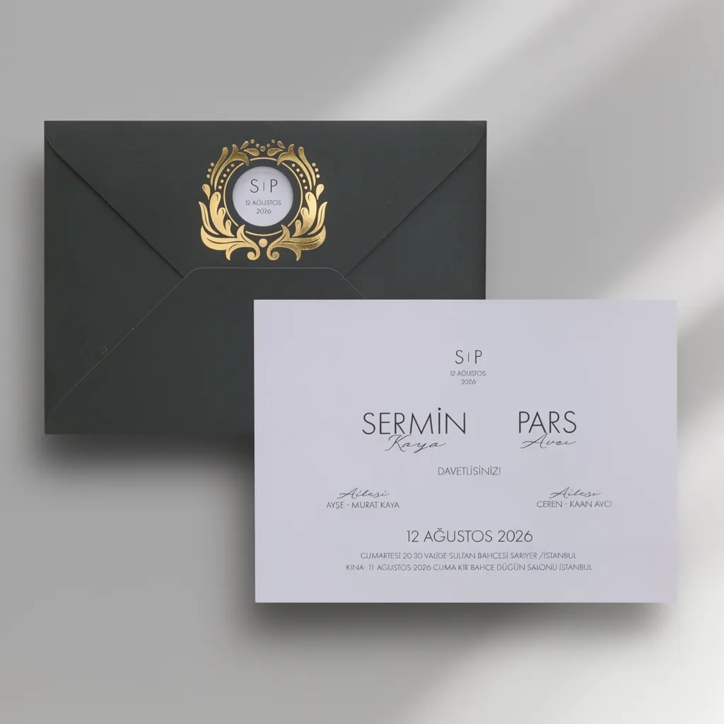 Gold Wreath Black Wedding Invitation