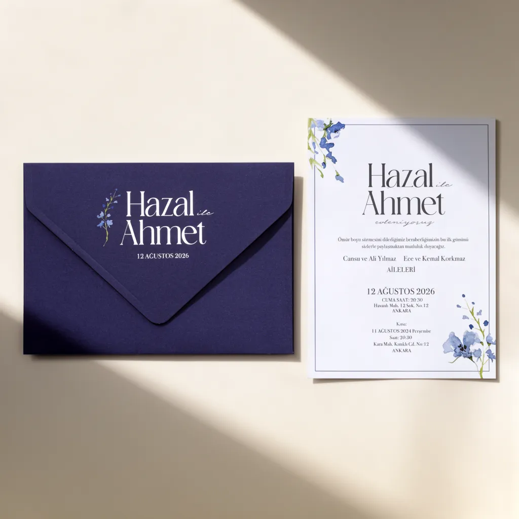 Navy Blue Floral Wedding Invitation