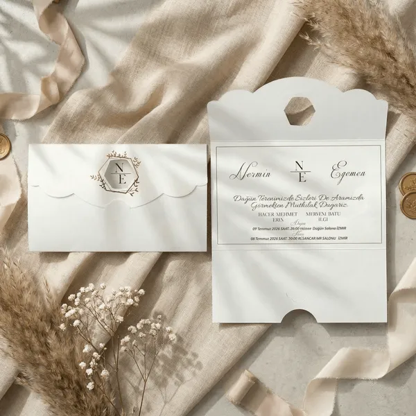 White Pocket Wedding Invitation with Monogram