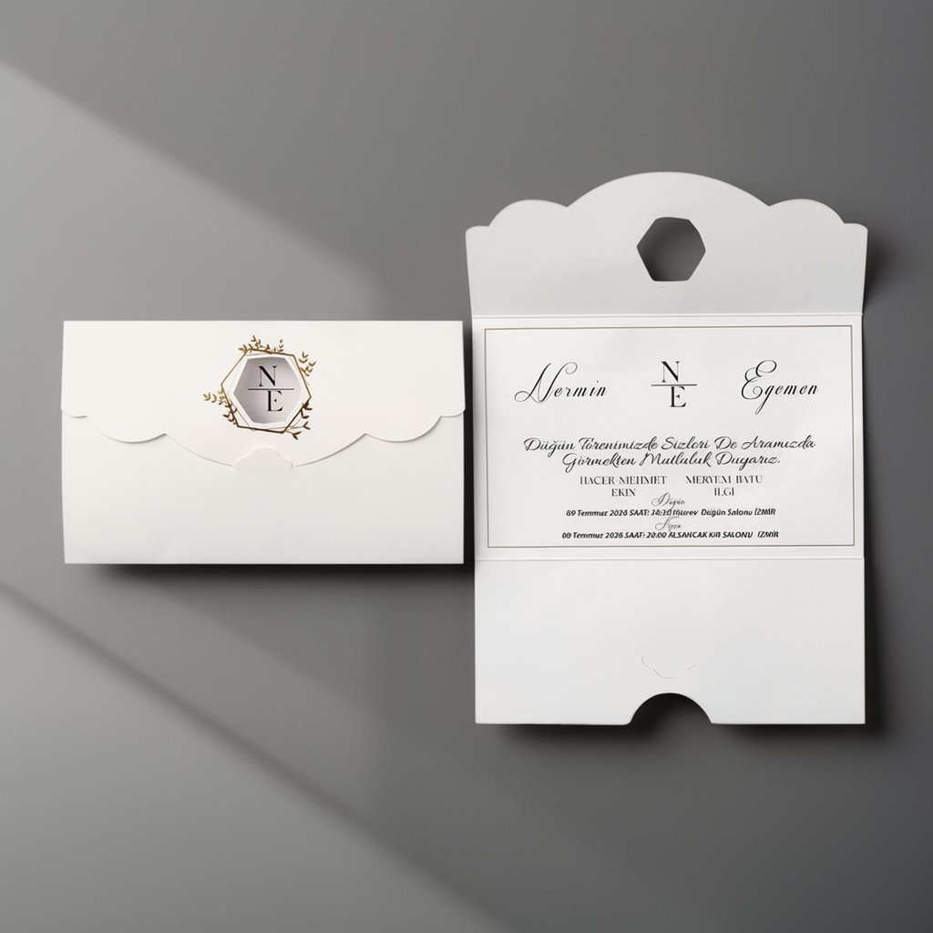 White Pocket Wedding Invitation with Monogram
