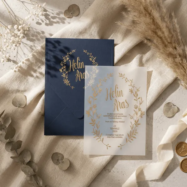 Navy Gold Wreath Wedding Invitation