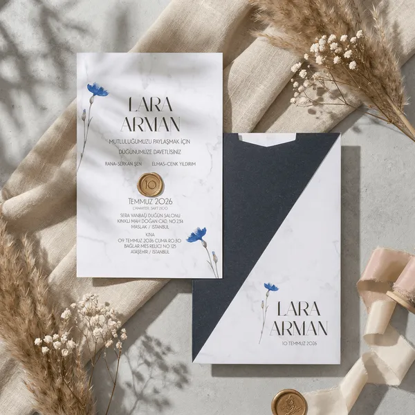 Marble Blue Floral Wedding Invitation